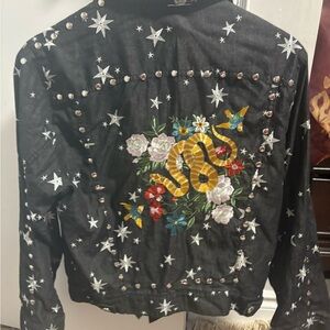 Embroidered Black Denim Jacket with Snake and Floral Design